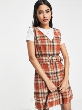 Vila Exclusive Plaid Mini Pinafore Dress Orange Check EU 38  US 6 Mod Scandi